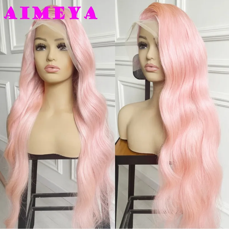 AIMEYA Light Pink Lace Front Wig Long Body Wave Synthetic Lace Hair Natural Hairline Heat Resistant Fiber Daily Use Cosplay Wigs