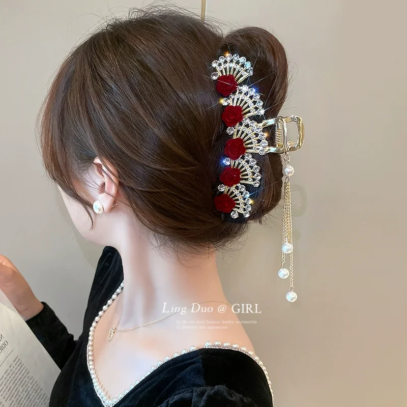 

French Style Red Rose Flower Tassel Rhinestone Hair Claw for Women Bride's Party Christmas New Year Female Hair Clip Accessories