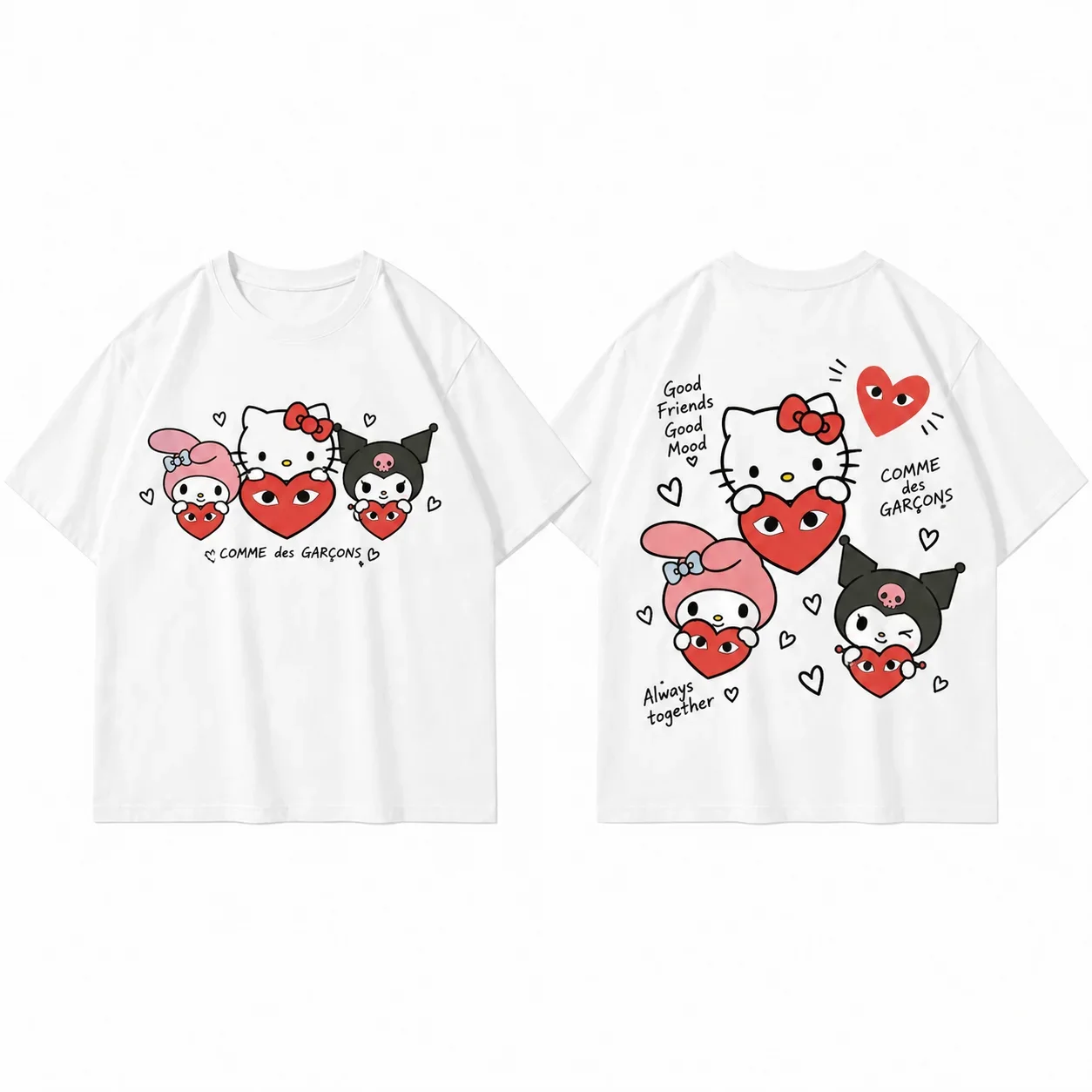 Hello Kitty White Tee Oversized Graphic Art Print Short Sleeve Streetwear Top for Men And Women Cool Parent Child Basebal
