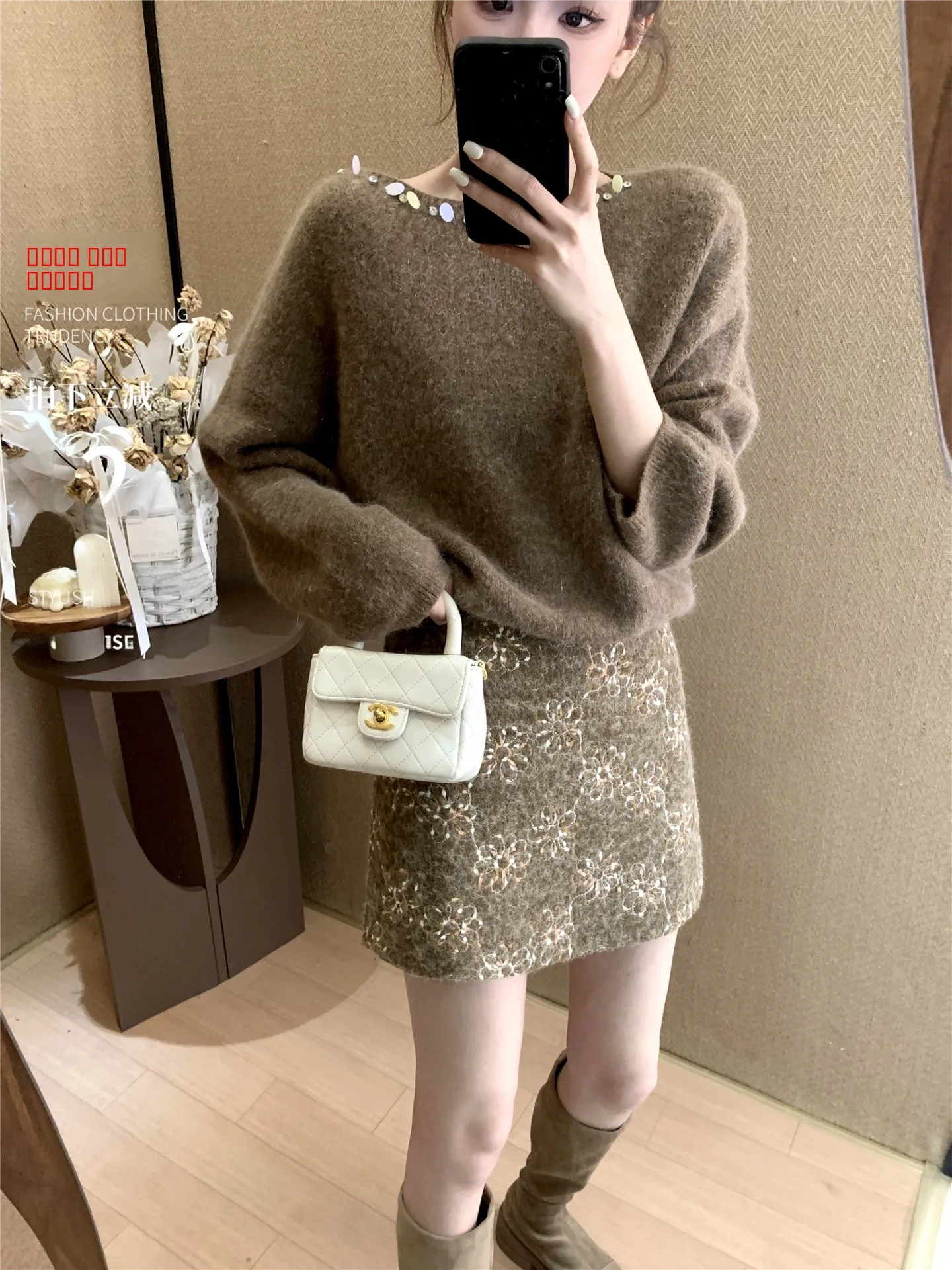 

Warm Rabbit Fur Knitted Sweater Women's Base Layer iny Sequins Faionable Winter Top Commute Sle mid Thin Knitwear