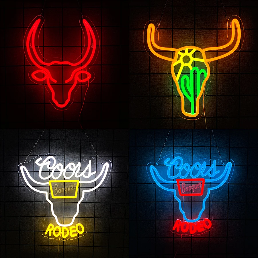 Rodeo Led Neon Sign, 3D Carved Texas Longhorn Icon, Suitable For Bars, Western-Style Restaurants, Holiday Parties, Club Decor.