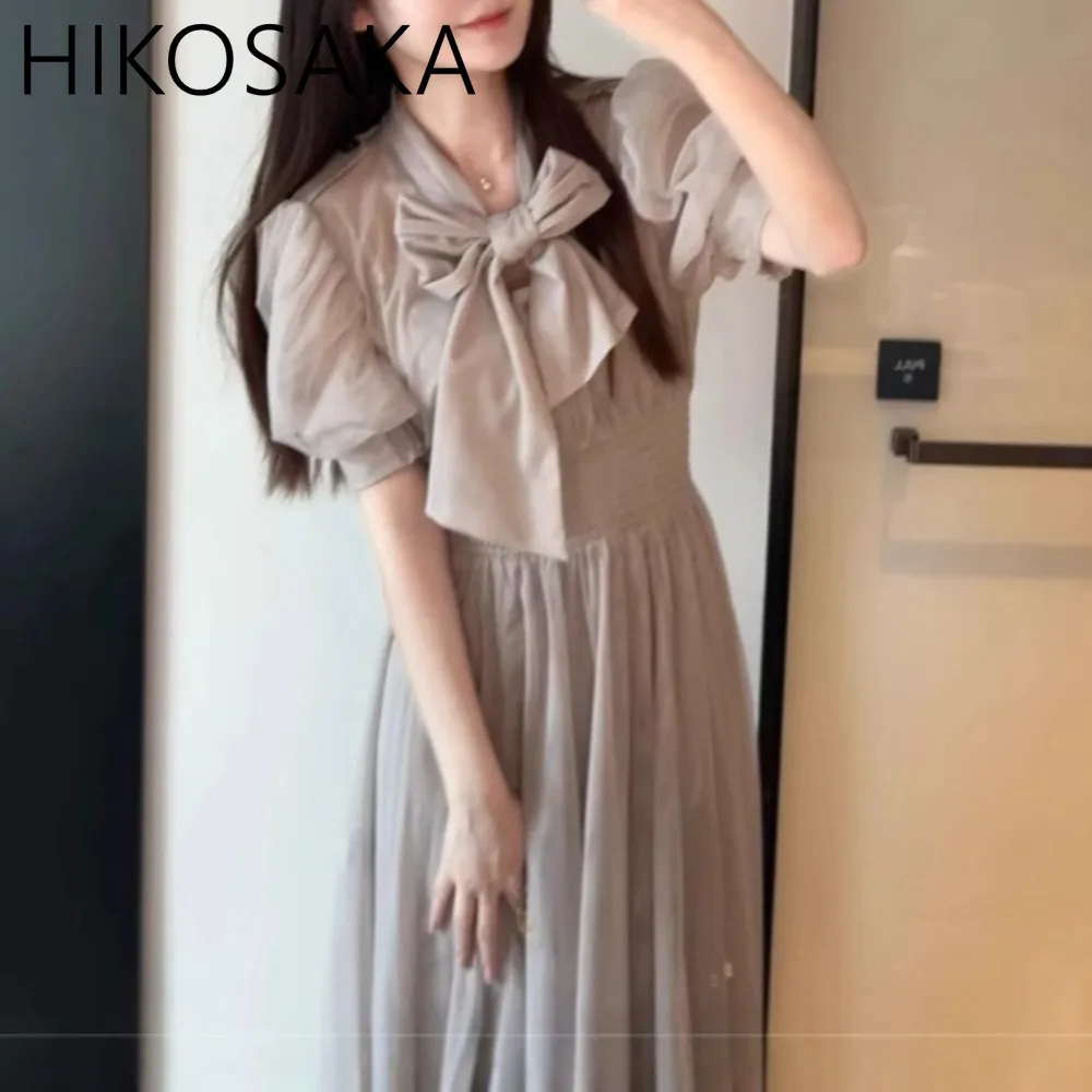 

Japanese Sweet Bow Lace Up Puff Sleeve Dress High Waist Slim A-line Solid Temperament Robe Female 2025 New Elegant Vestidos