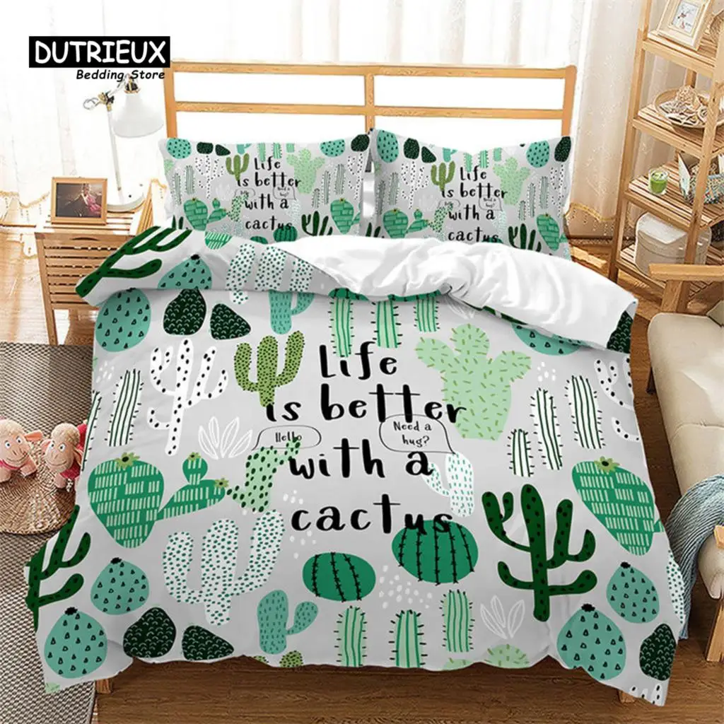 

Cartoon Cactus Duvet Cover Spring Garden With Boho Style Bouquet of Thorny Plants Blossoms Decor 3 Piece Bedding Set Pillowcases