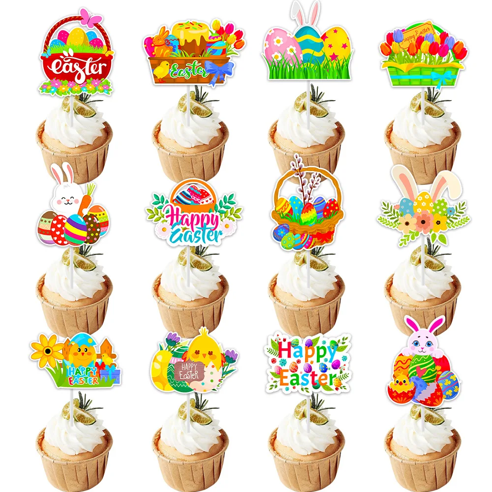 

12/24pcs Happy Easter Cake Topper cute Bunny Colorful Eggs Chick Easter Cake Pick for Spring Theme Easter Party Birthday gift