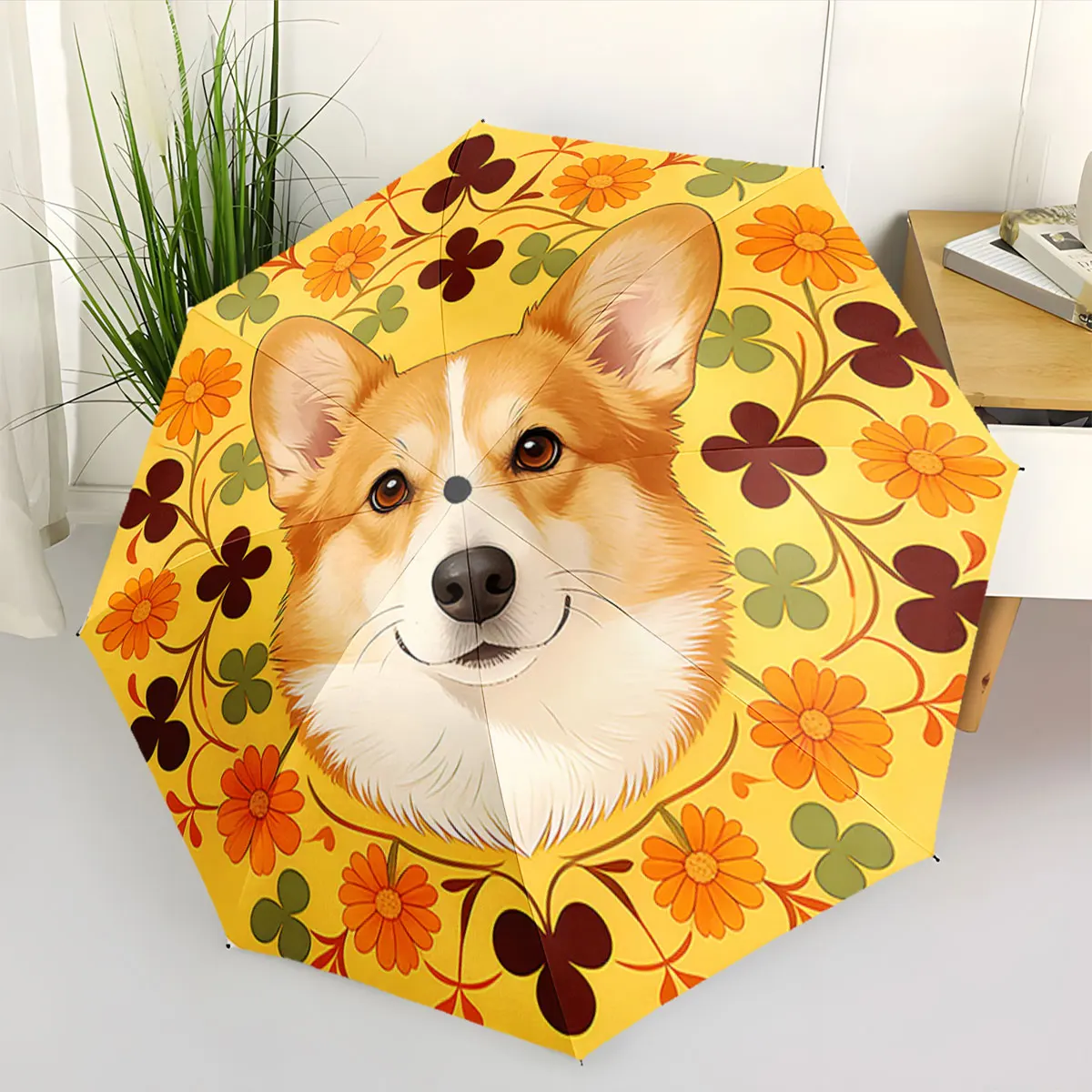 1PC Colorful Corgi Umbrella with Floral Patterns Print 8 Iron Ribs Folding Umbrella Auto-Open Fashion Sunshade