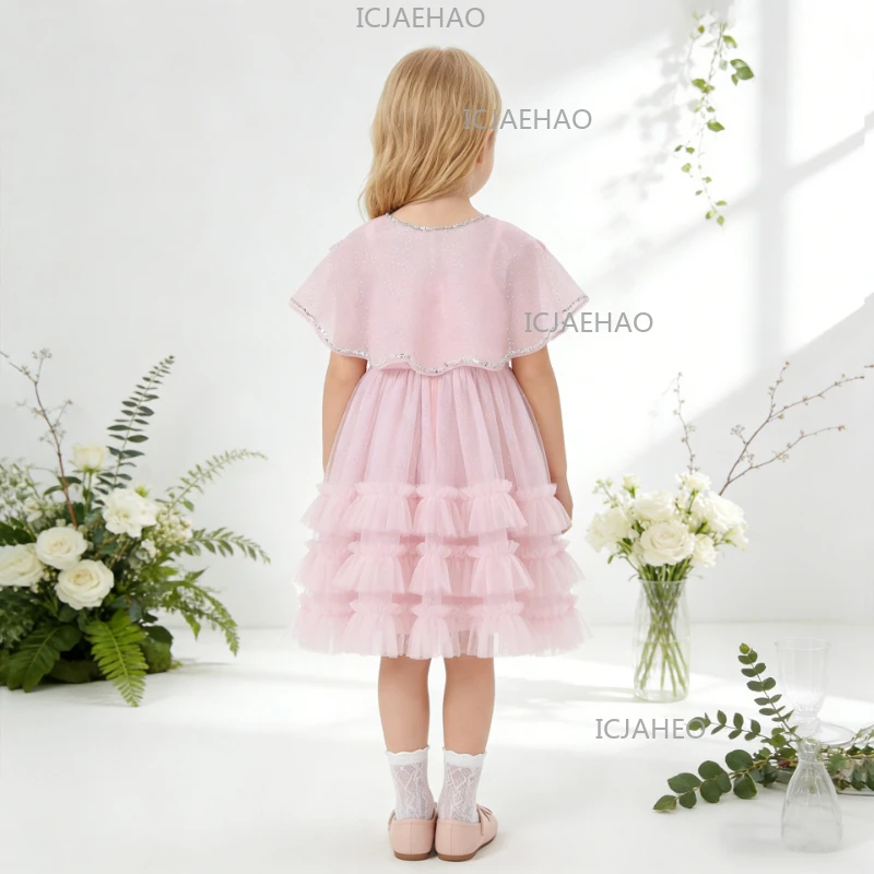 Girls' Pink Princess Dress With Tulle And Embroidery Children Elegant 3d Girl Birthday Dresses Cake Formal Party Kids Clothing