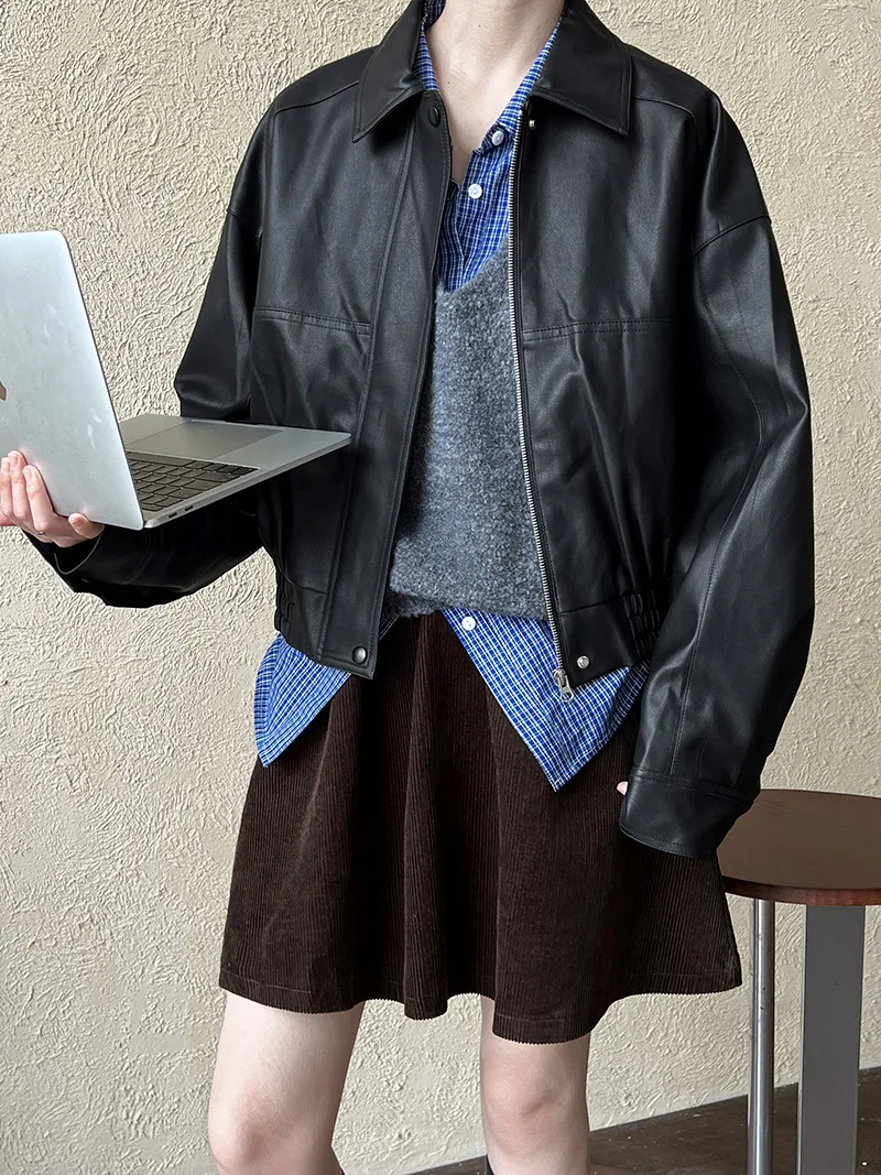 Outono novo casual preto manga longa casaco solto motocicleta jaqueta de couro feminino