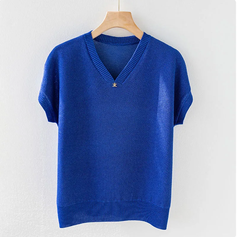 Summer Ice Silk Short Sleeve T-shirt Women\'s Loose Outwear Korean Solid V-neck Youthful Vitality Fashion Vintage Knit Thin Top