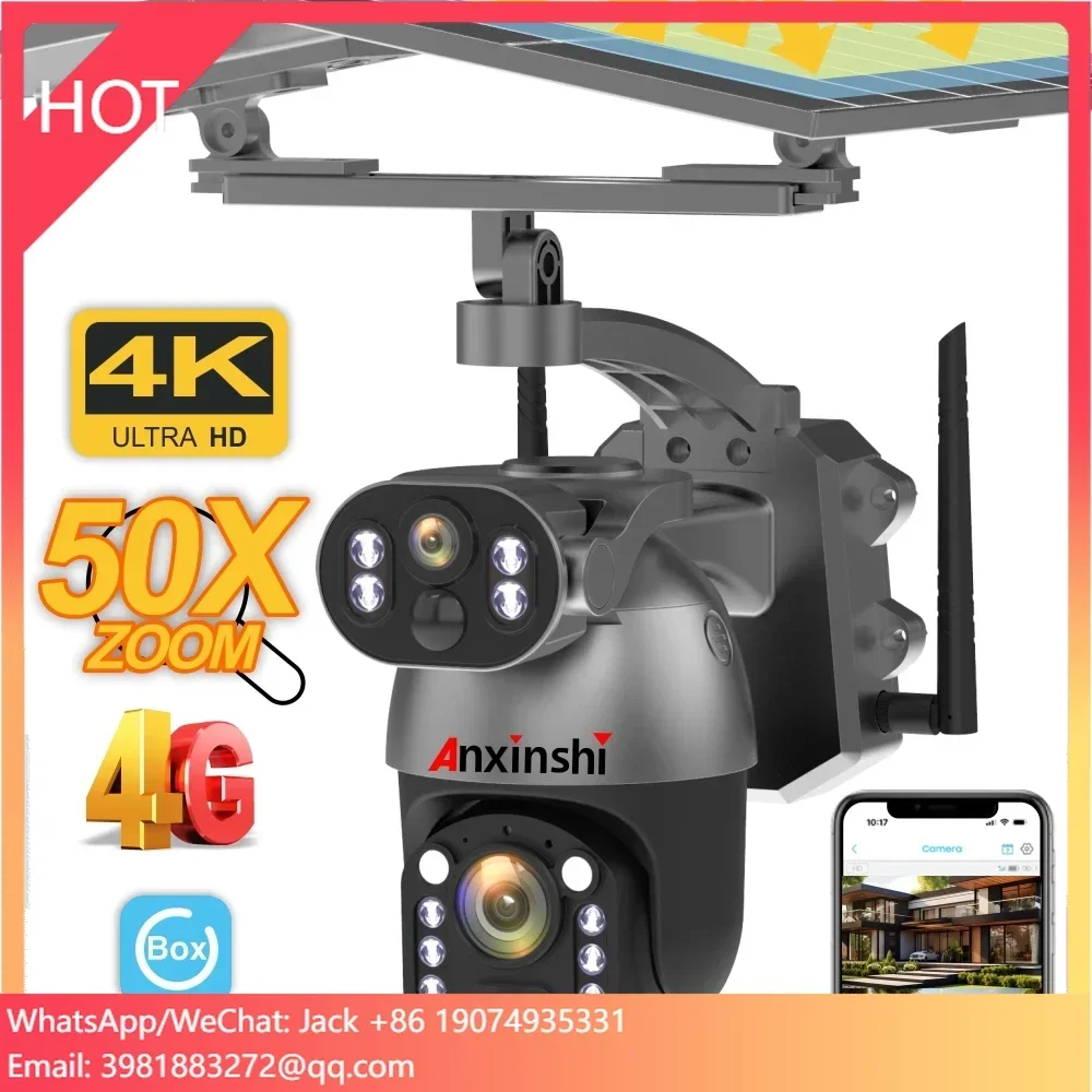 Anxinshi Brand 4G LTE Solar Powered Wireless UBox App Solar Camera with 50X Zoom Support Two Way Audio with Two Solar Panel