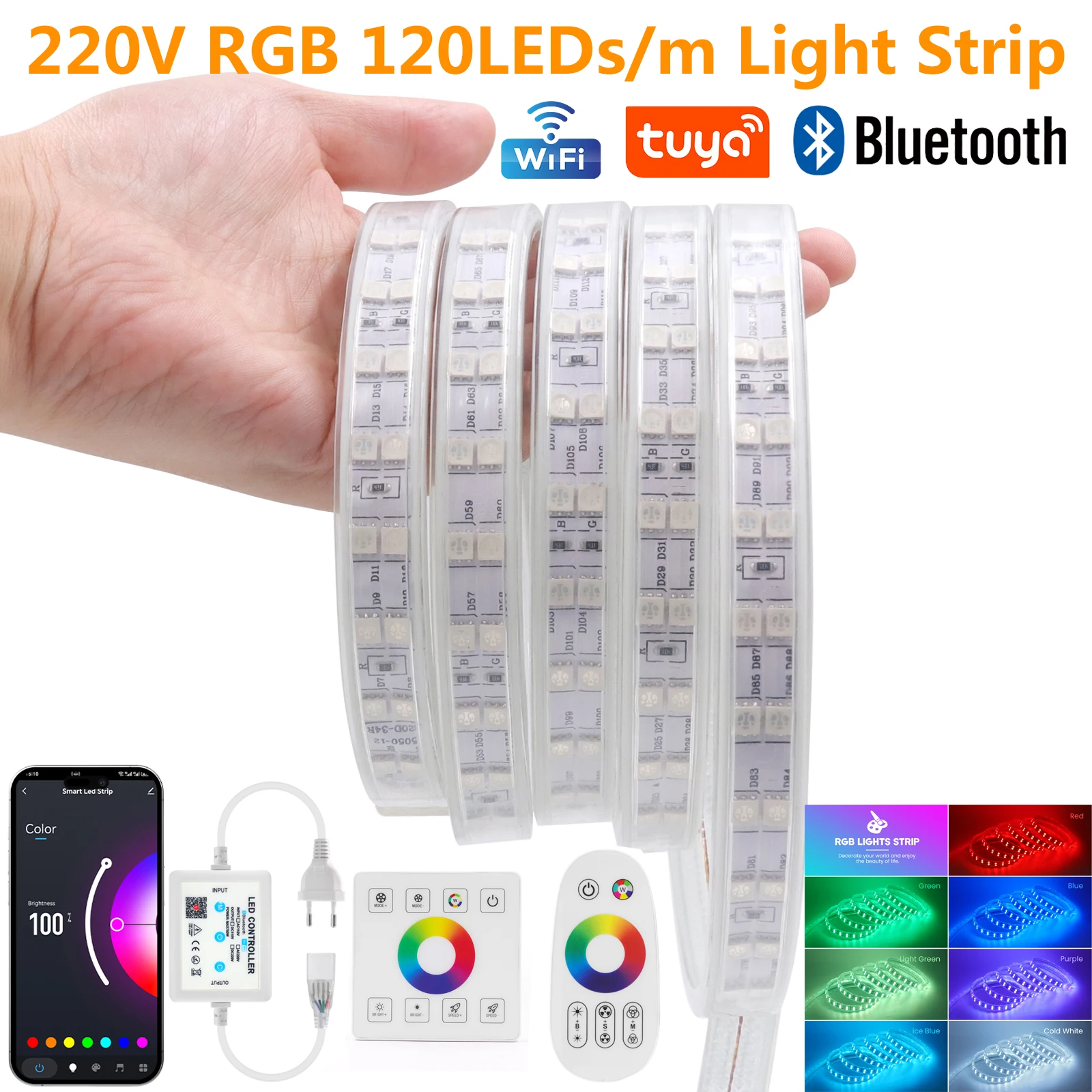 WiFi Bluetooth RF Touch 2 Row RGB Strip Light AC 220V With EU UK AU Plug Waterproof Warm Natural White Flex Tape 120LED/m 1m 20m