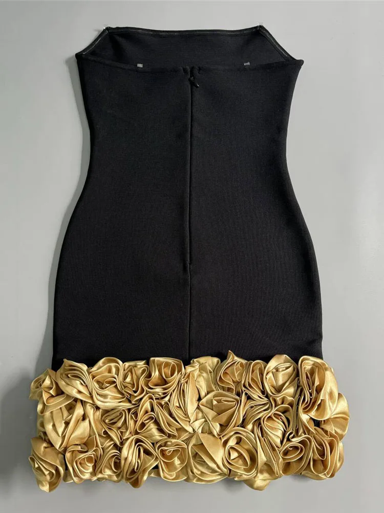 Sexy Strapless Gold 3D Flowers Bandage Dress Women Black Sleevelss Backless Floral Mini Bodycon Dresses Evening Celebrity Party