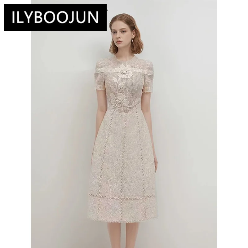 

ILYBOOJUN Solid Casual Embroidery Dress For Women Round Neck Short Sleeve Tunic Temperament Dresses Female Fashion Style New