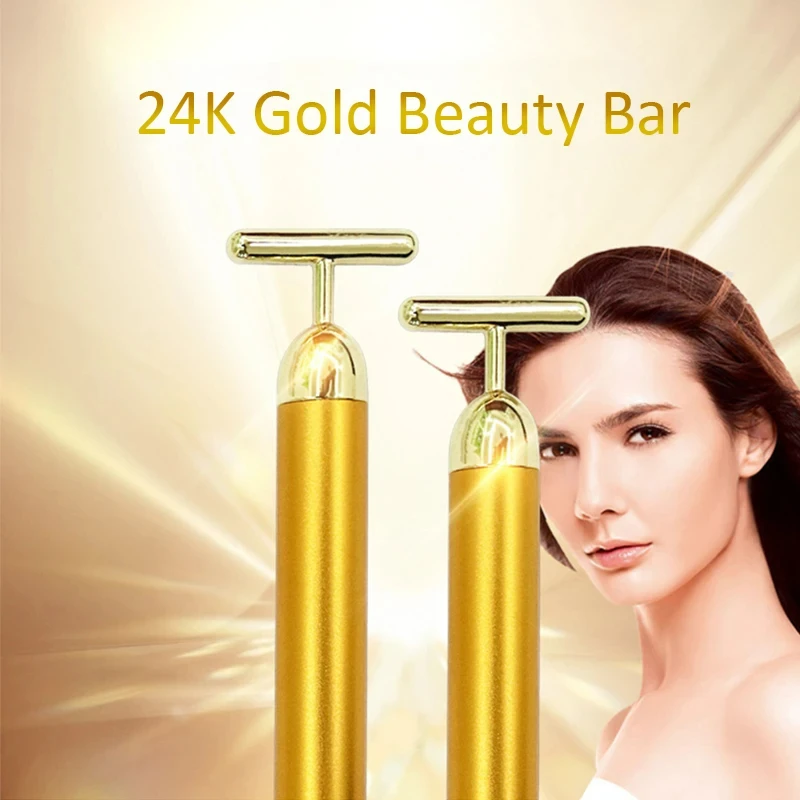 24k Gold T-shaped Vibrating Facial Roller Beauty Bar Slimming Face Massager Device Tightening Anti-wrinkle Facial Care Tools