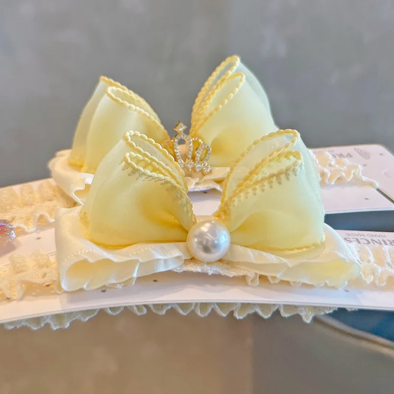

Newborn Baby Headband Lace Bow Yellow Pearl Crown Hairband for Girls Toddler Infant Head Wrap Cute Breathable Daily Forehead Pad