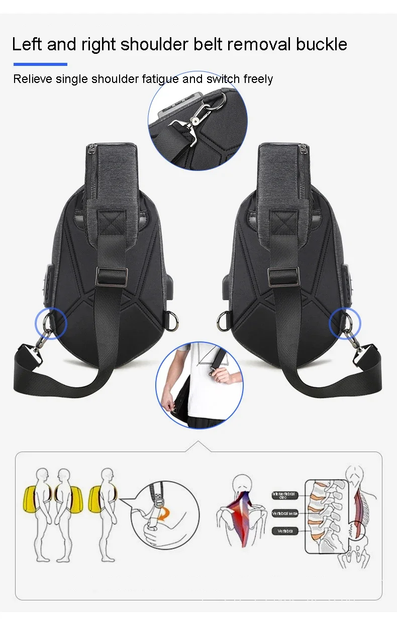 Running Chest Bag for Men USB Charging Fashion Streetwear Sling Pack Crossbody Motor Cycling Backpack for College Student Unisex