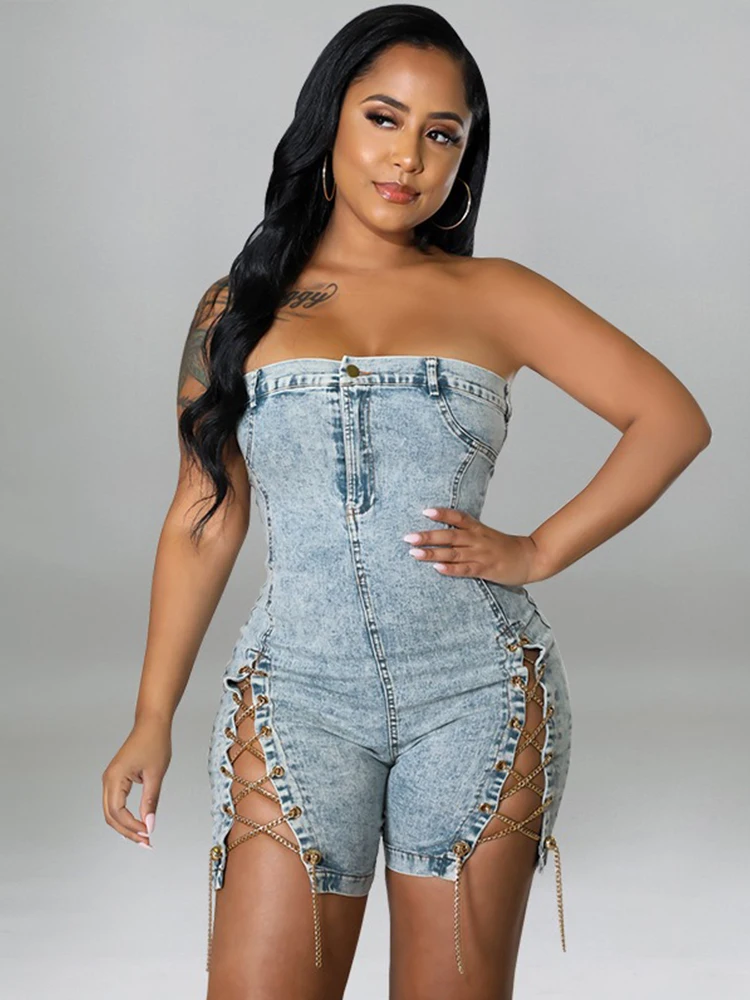 

Woman One Piece Outfits Backless Jumpsuit Denim Shorts Summer Strapless Jumpsuit Jeans Zip Up Jumpsuit Wholesale Dropshipping
