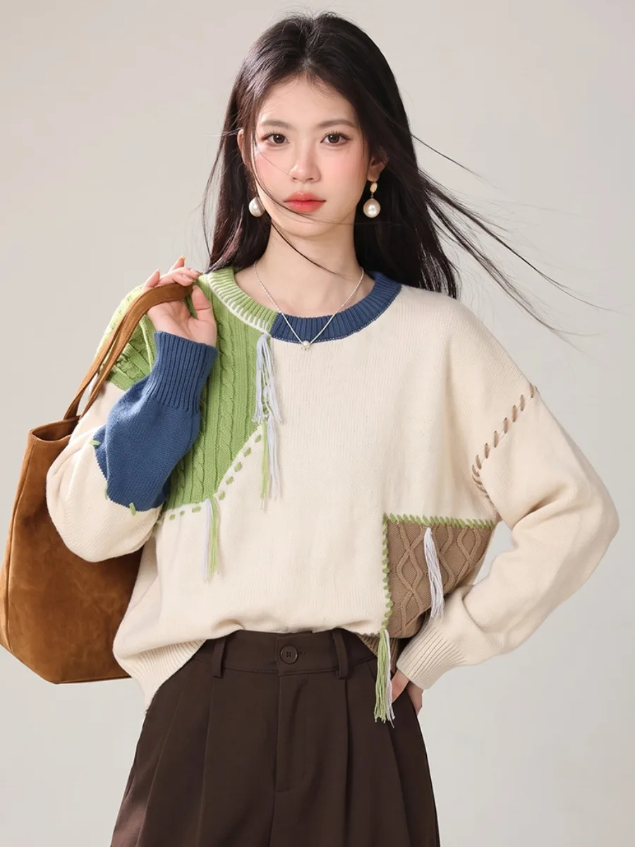 Korean Style Color Block Tassel Knitwear Women's Loose round Neck Casual Versatile Top Autumn New Arrival Elegant Fashion