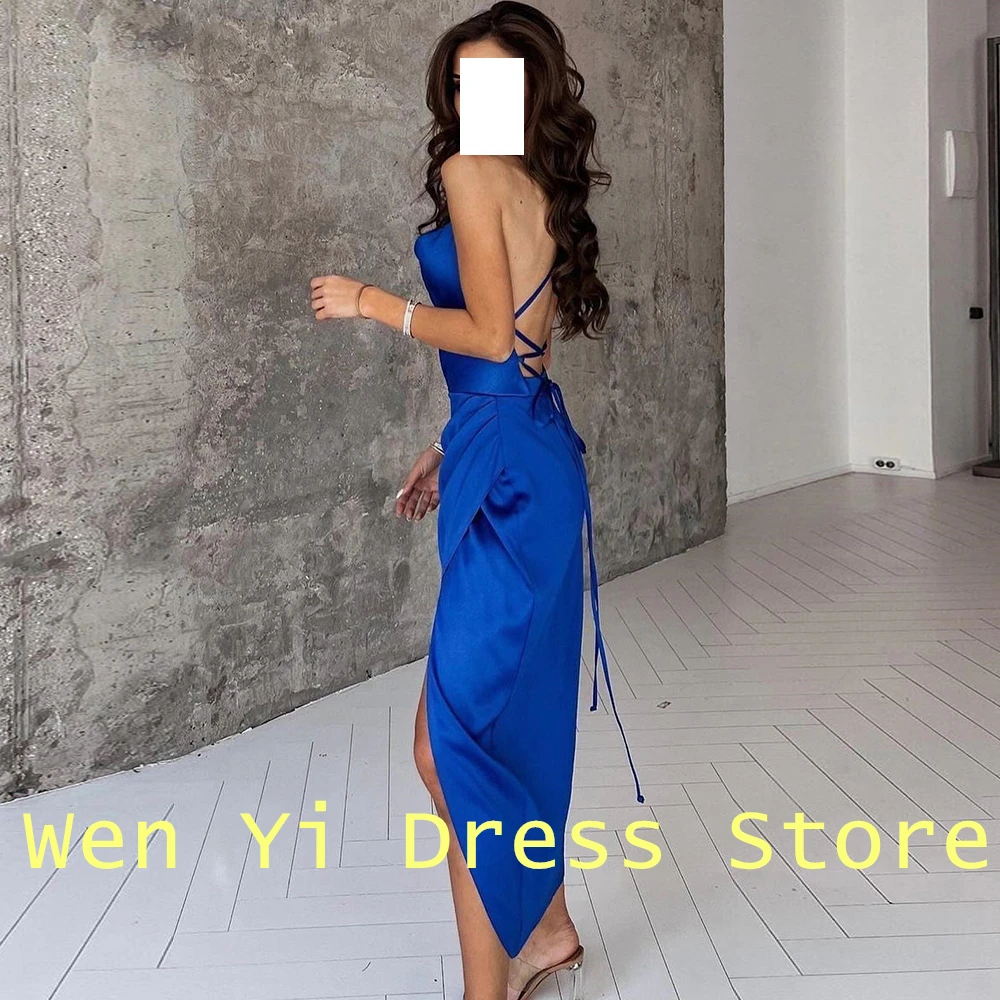 Sexy Side Slit V-Ncek Spaghetti Straps Criss-Cross Sleeveless Gowns Classic Pleats Blue Saitn Solid Color Straight Evening Dress