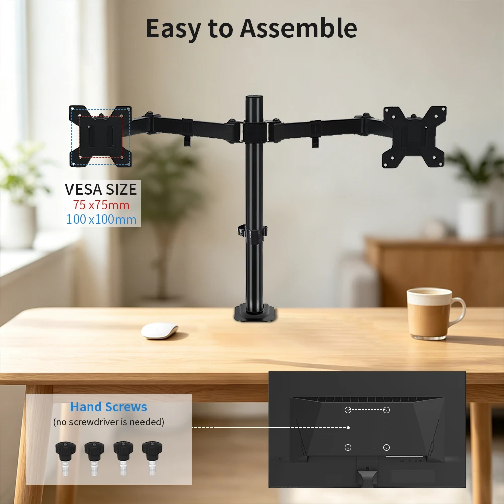 Doppelt Gelenkiger Monitor-Tischhalter, Passend für 13"-32"-Displays, 10 kg Tragfähigkeit pro Arm, Mehrachsenverstellbare Monitorhalterung mit Kabelmanagement-System