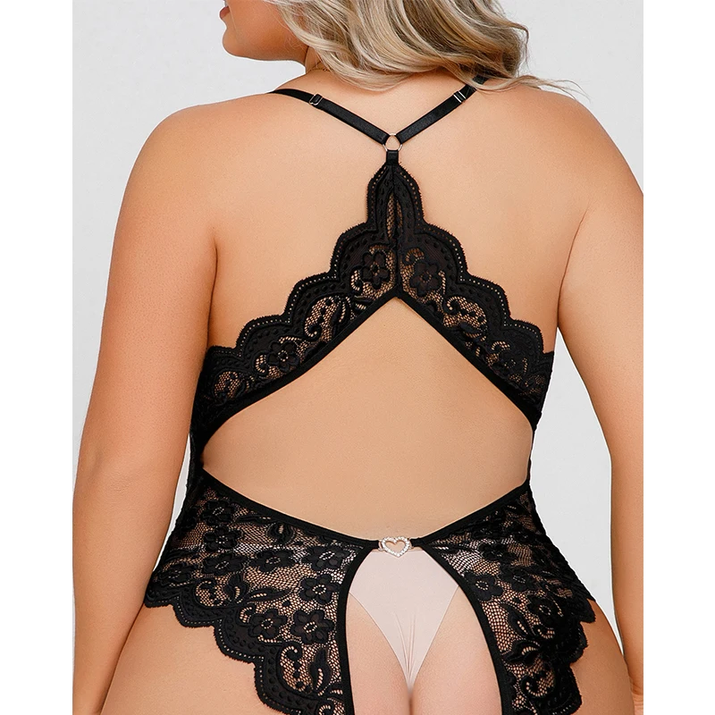 الاباحية عارية الذراعين العميق الخامس الغريبة شفافة 4XL حجم كبير مثير الكبار المرأة الدانتيل الملابس الداخلية Crotchless الأسود ارتداءها المثيرة #3
