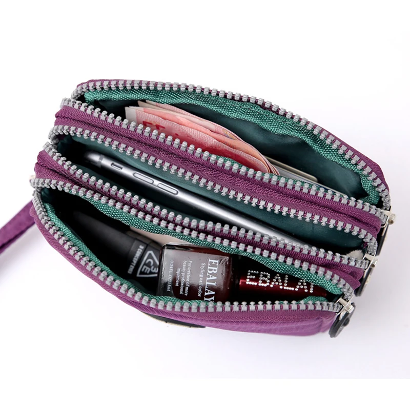 

New Dropshipping Coin Cosmetic Women Small Wallet Washer Wrinkle Fabric Phone Purse Three Zippers Portable Make Up Bag 18 Colors