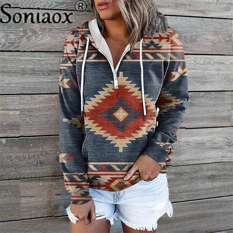 Hoodies do vintage geometria cor contraste zíper com capuz topos feminino outono nova queda ombro manga longa solta camisola feminina