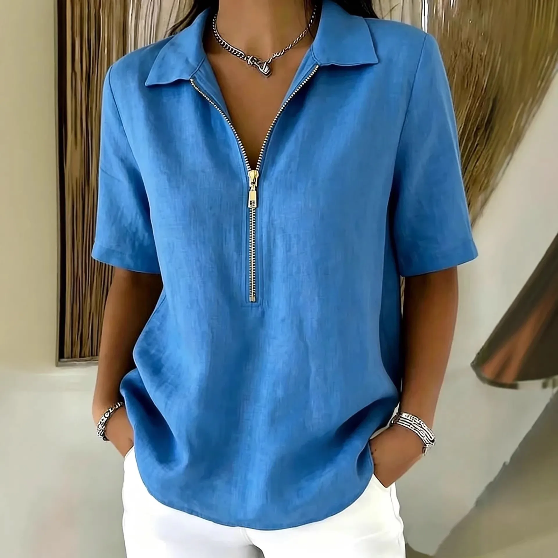 

Women's Blouse Cotton Linen Half Sleeve Solid Color Embroidery Zip Front Regular Fit Shirt Blue Lime Green Beige Women's