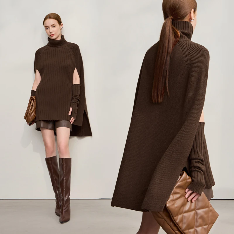 AMII سترة نسائية 2025 شتاء جديد الحديثة الياقة المدورة سترة طويلة متماسكة الصلبة تنوعا المرأة كيب القمم 12554034