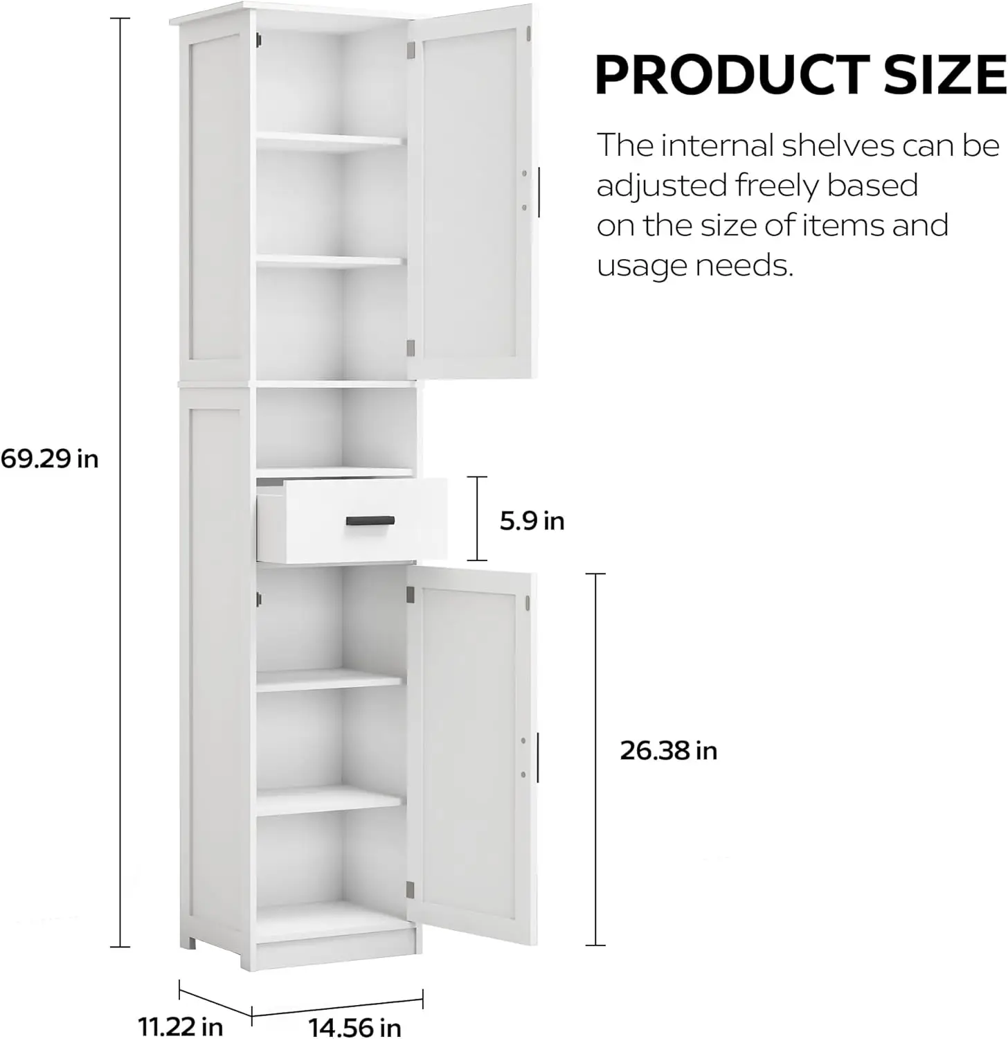 Bathroom Cabinet Features 2 Doors, 1 Open Shelf Drawer, and 1 Closed Drawer, 2 Adjustable Shelves. Suitable for Bathrooms, Livin