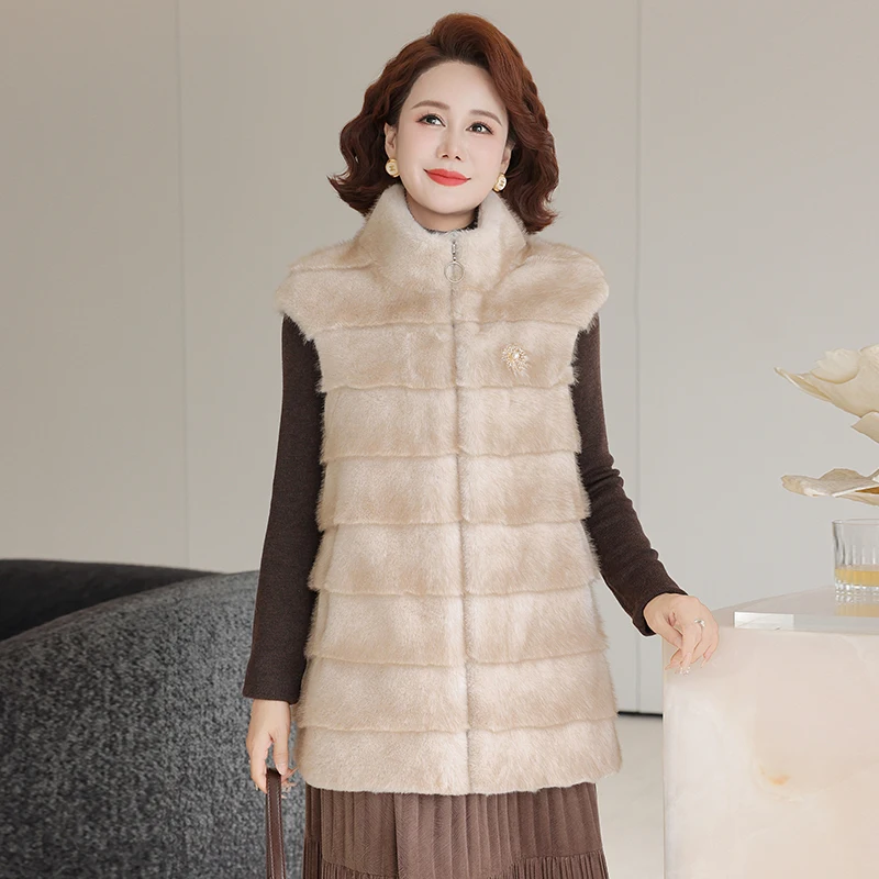 

Faionable Mid-aged And ly Women's Mink Vest Coat Autumn Winter Thiened Polyester Fiber Stand Collar Zipper Closure