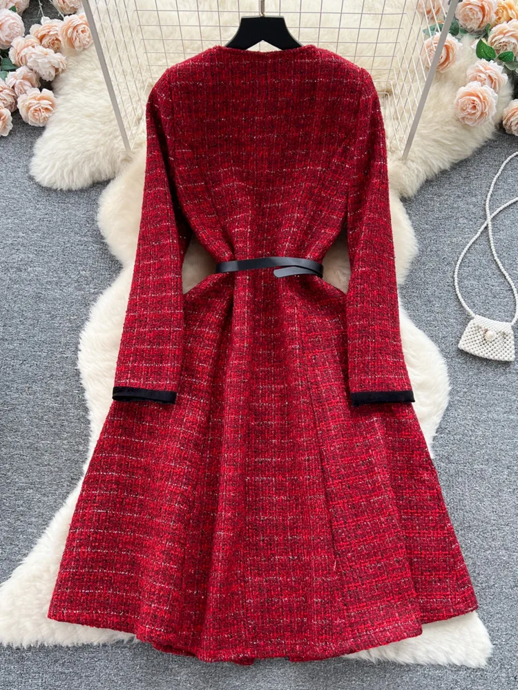 Vestido Midi de Tweed rojo vino de manga larga con cuello redondo para mujer, vestido de lana de un solo pecho, nuevo estilo de lujo, Otoño e