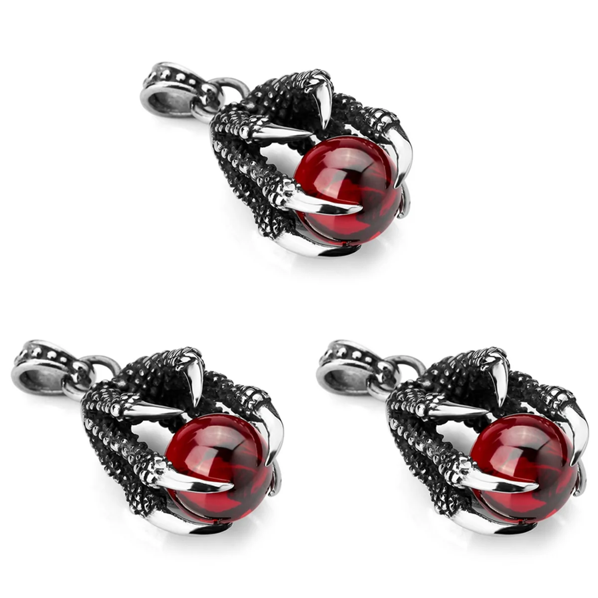 【COUPON!】{0}3X Stainless Steel Pendant Necklace CZ Red Dragon Claws Bead Gothic Men ,23 Inch Chain
