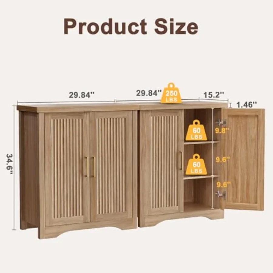 Fluted Sideboard Buffet Cabinet with Storage for Dining Room, Natural Oak Wood, Warm Natural Tone, Elegant Vertical Groove Desi