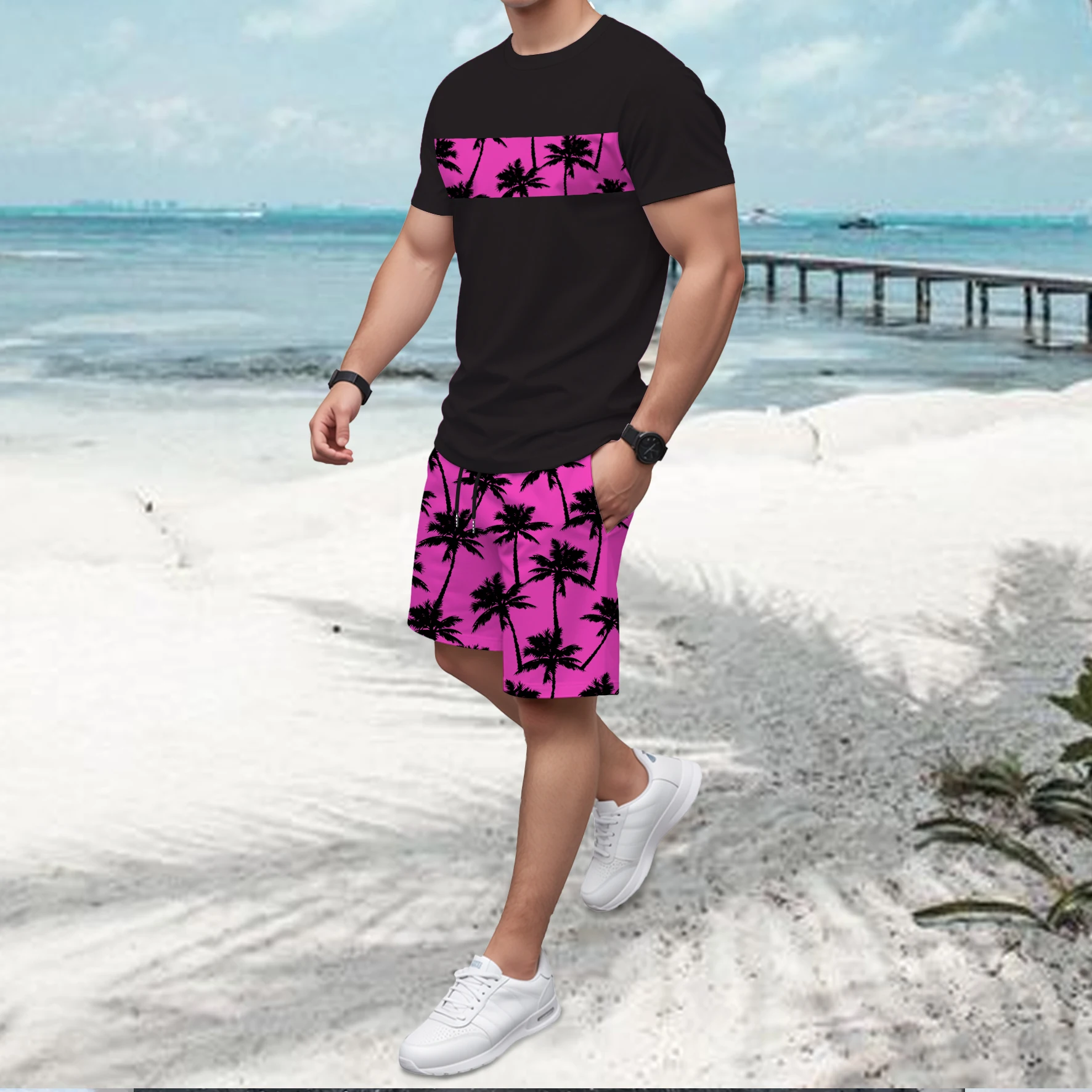 

2025 Новый мужской модный комплект с короткими рукавами, пляжный принт с кокосовой пальмой, градиентный цвет, летние шорты с короткими рукавами, комплект из 2 предметов для отпуска