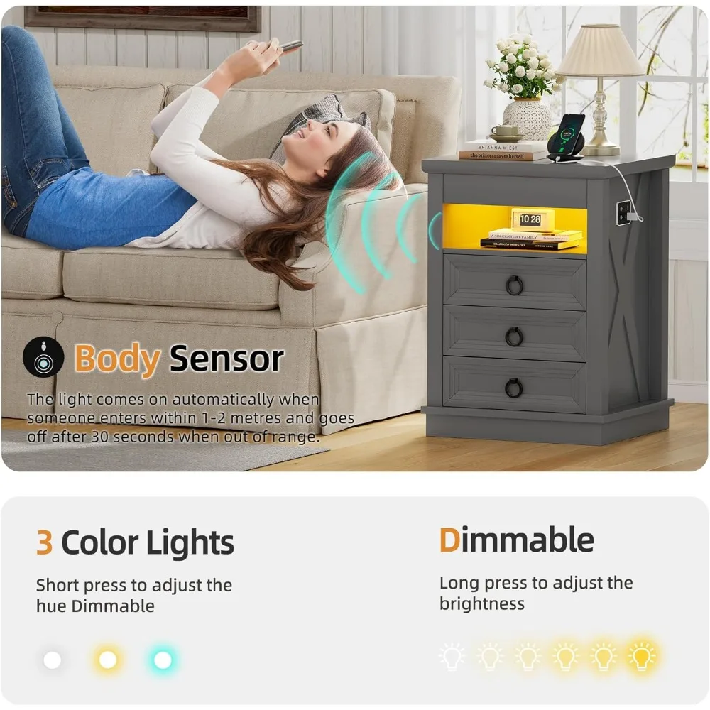 Lockable Gun Drawer Nightstand in 3 Colors with Dimmable LED and Charging Station, Bedside Table with Human Sensor