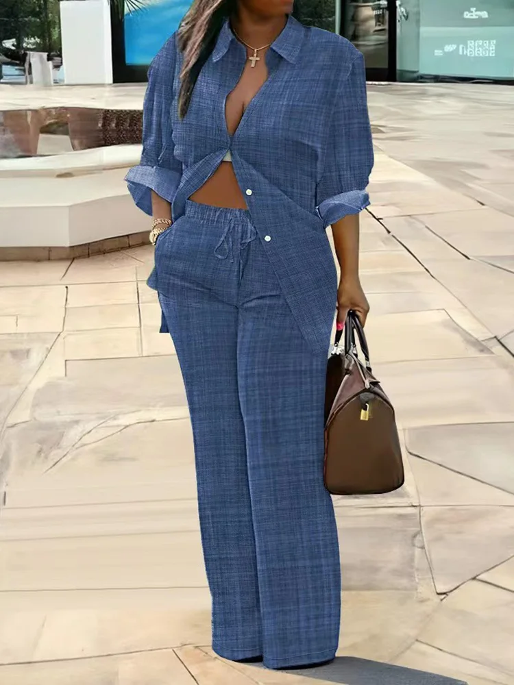 

New Elastic Waist Wide Leg Pants Printed Fashion Outfit Women Spring Summer Long Sleeve Cardigan Shirts Two Pieces Matching Sets