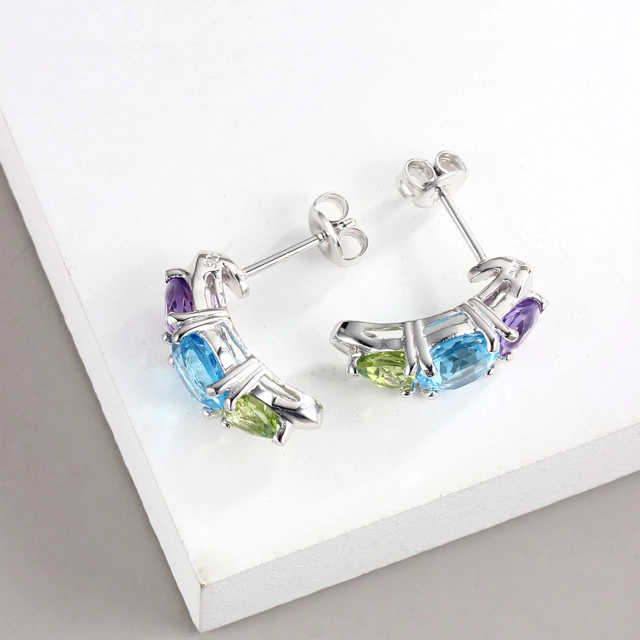 GESIDE Sky Blue Topaz,Amethyst,Peridot Rhodium Over Sterling Silver Earrings 4.98ctw