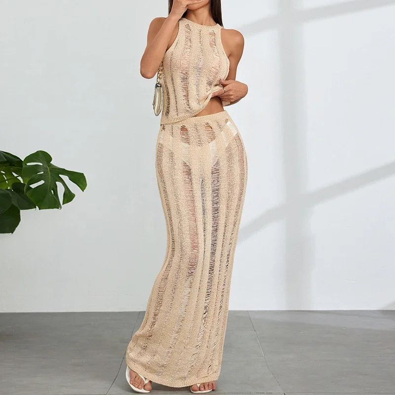 

BWQ новый стиль топ без рукавов с длинной юбкой костюм модная вязаная текстура бикини прикрытие для женщин пляжный отдых солнце купание накидка-топ