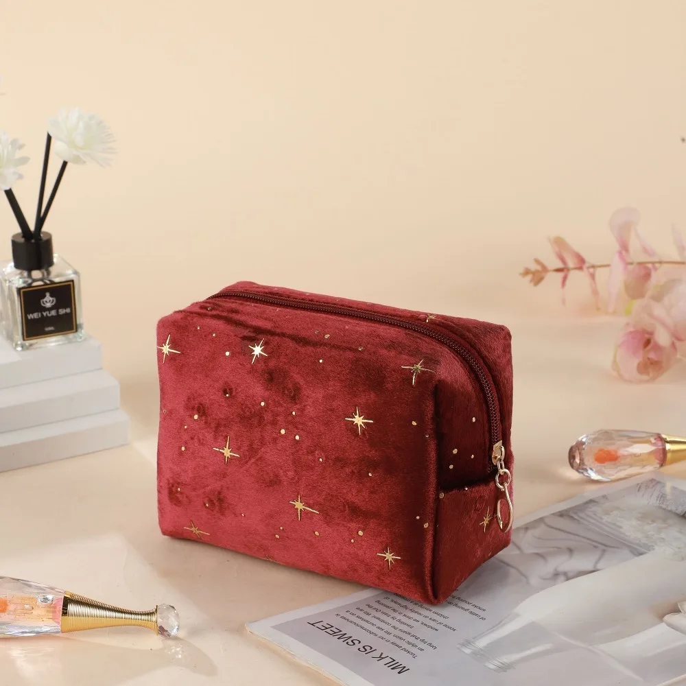 Trousse de maquillage portable de haute qualité, motif étoile estampé à chaud, avec fermeture éclair, sac de rangement pour maquillage, pochette de beauté en velours doux
