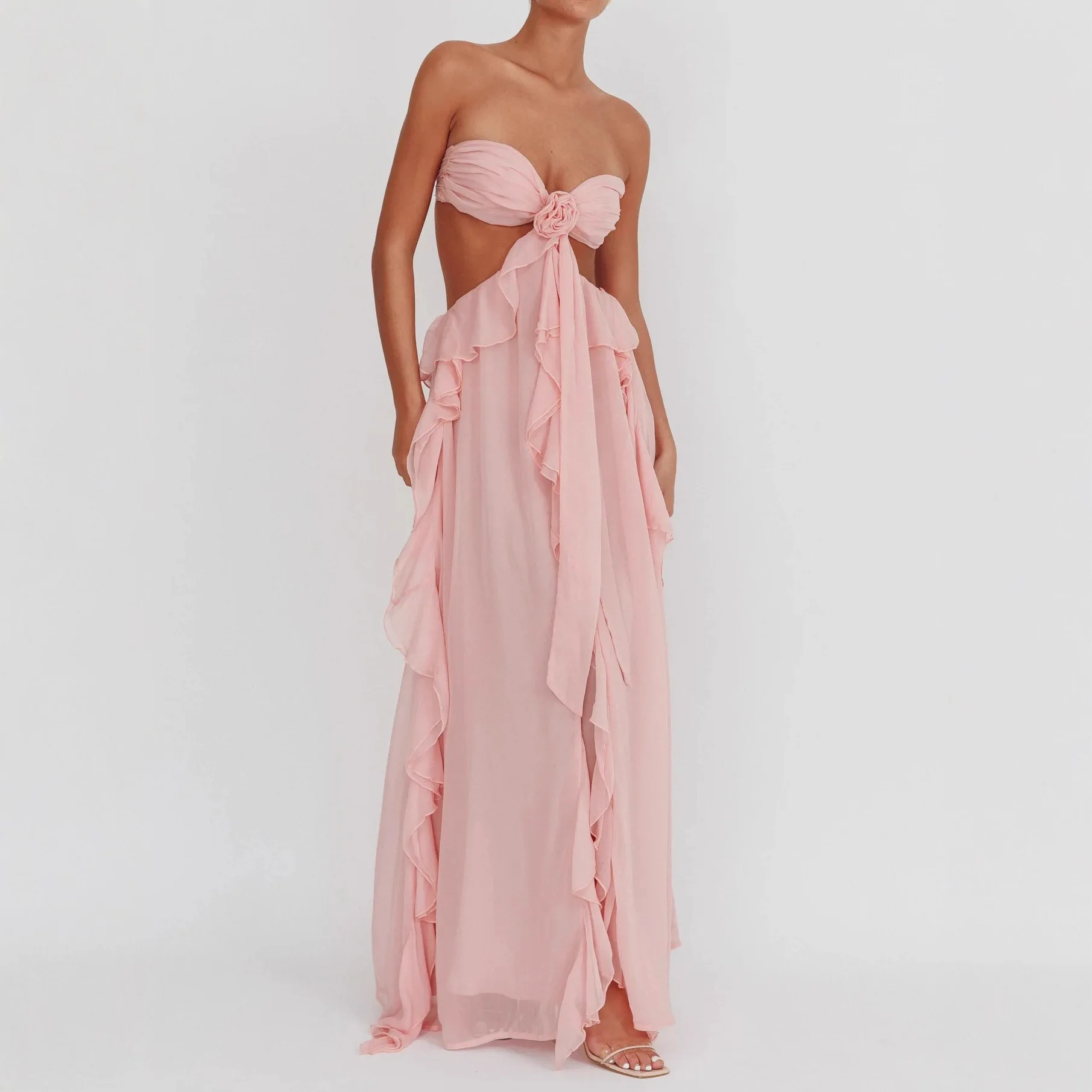 Sexy Backless Chiffon Tie Ruffled Maxi Dress, Sheer Women's Dresses, Bodycon Jumpsuit Playsuit view 2