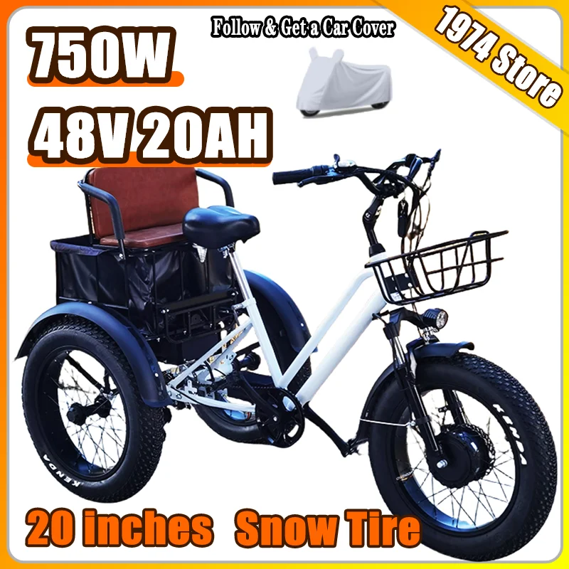 

20 inches Snow Tire Lithium battery 750W High power motor 20AH Adult Tricycle Mileage 65KM Big basket Freight Electric bicycle