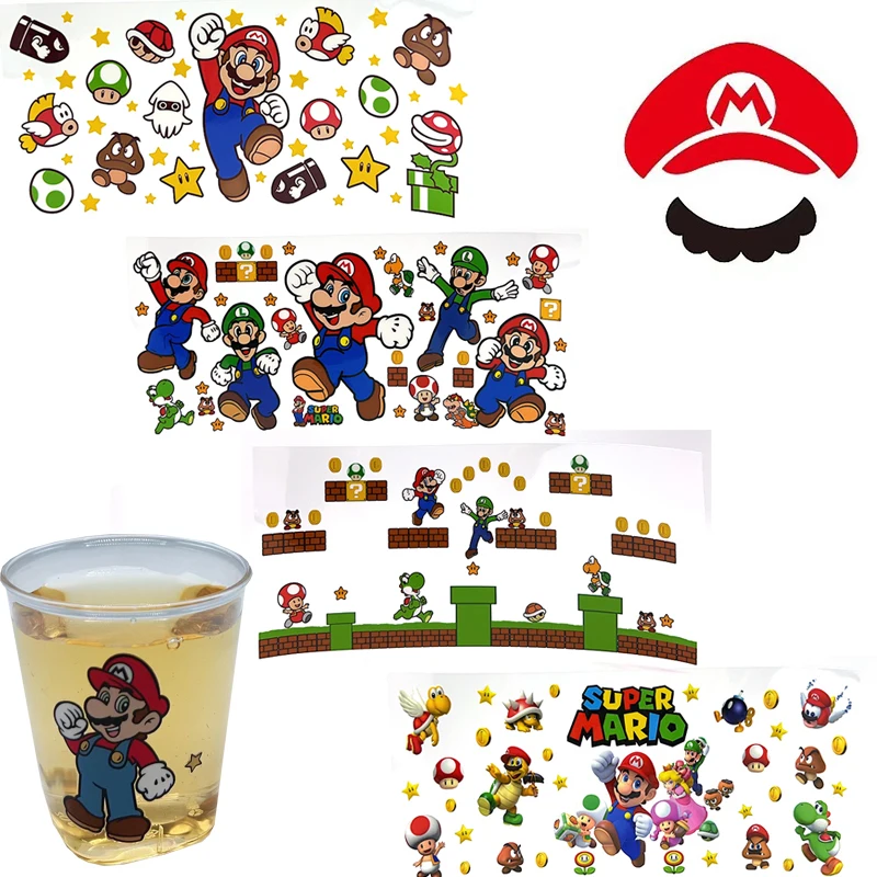 1/4Pcs Mario Bros Cartoon UV DTF Wraps Transfer Sticker DIY For 16oz Libbey Glass Cup Waterproof Wrap Transfers Decals Cup Gift