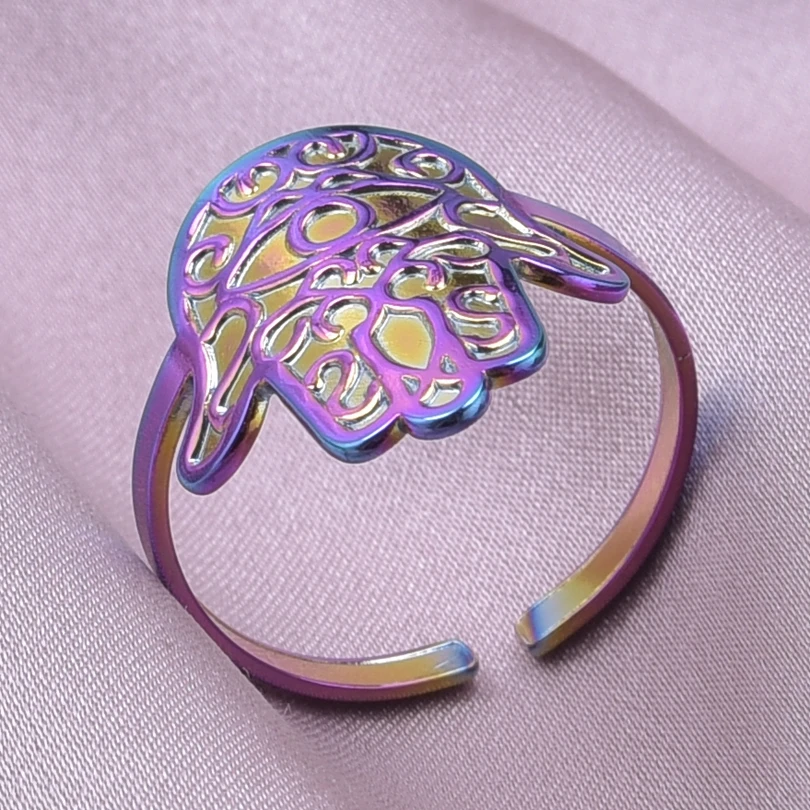 Vintage Fatima Hand Charm Rings For Women Men Accessories Open Adjustable Ring Stainless Steel Jewelry Finger Supplies Birthday