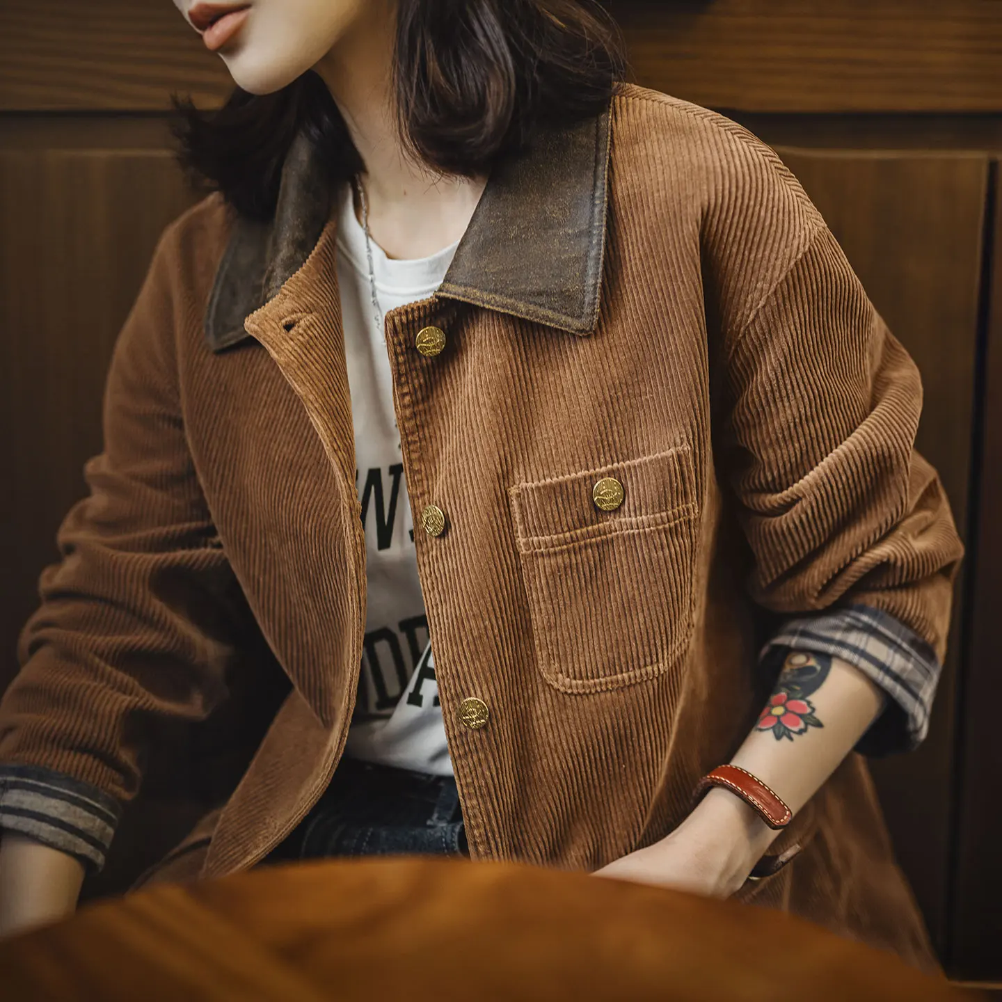 Women's Corduroy Utility Jacket with Waxed Collar - Colorblock