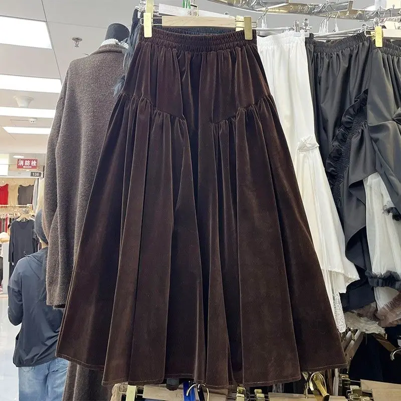

All Match Velvet Puffy Midi Skirt Autumn and Winter New Retro Elastic Waistband Patchwork Drape Simplicity Long Skirt