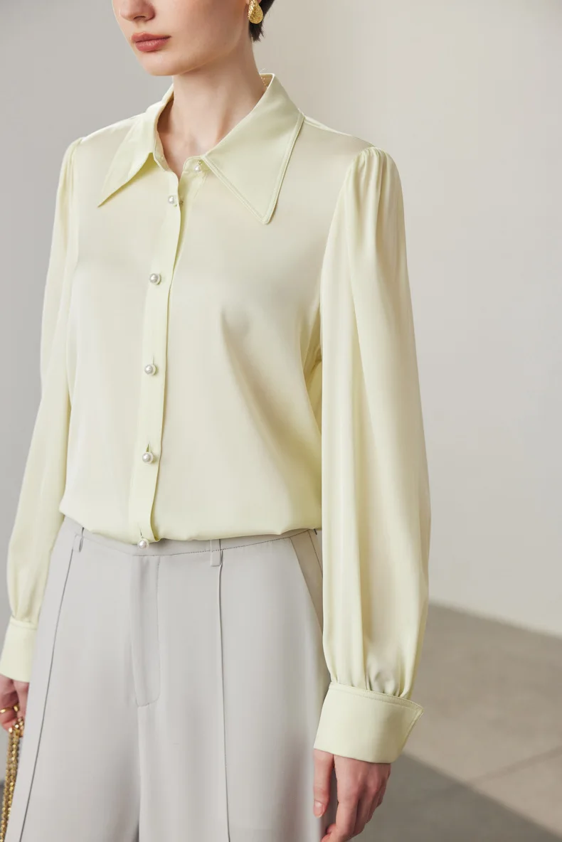 95% Silk 5% Spandex Women's Shirt Turn Down Collar Long Sleeves Elegant Fashion Blouse Tops