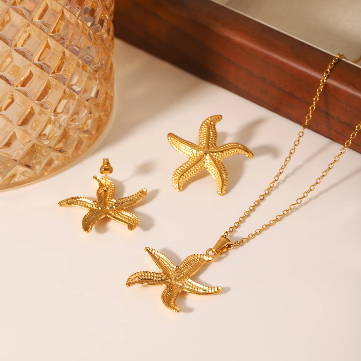 1Pc/3Pcs Huangchao Stainless Steel Starfish Pendant Necklace Stud Earrings for Women, 18K Gold Plated Summer Jewelry Accessories - Detail 1