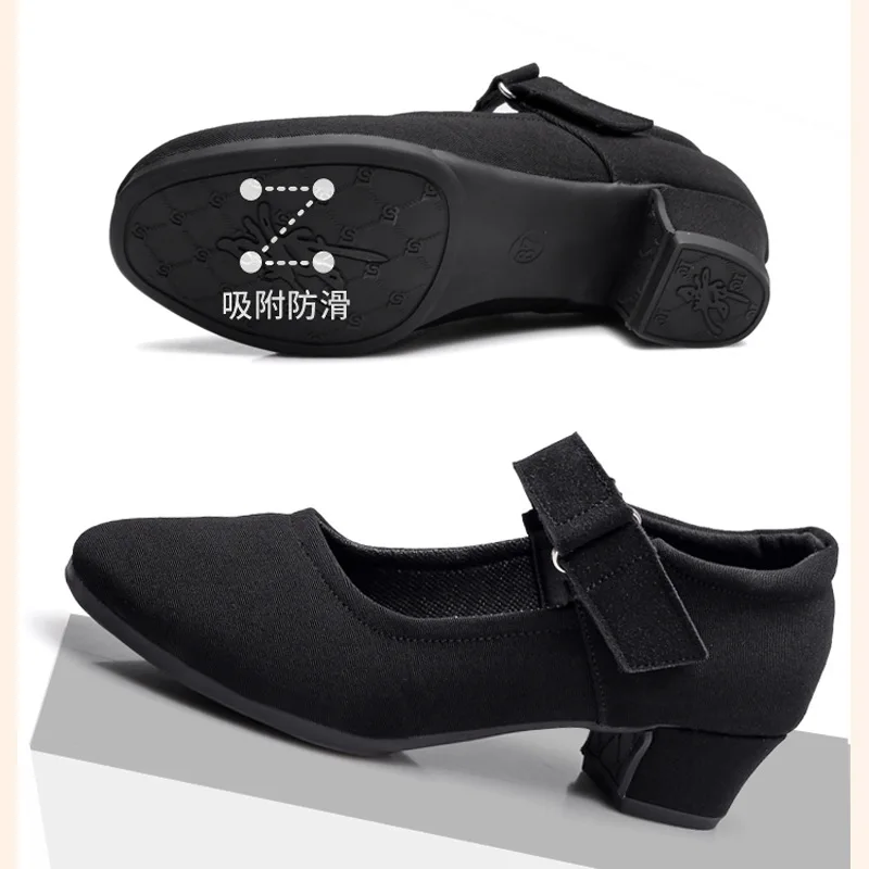 Zapatos de baile para mujeres adultas con suelas suaves, zapatos de baile cuadrados, tacón medio de tela Oxford, baile de salón negro transpirable, nuevo s