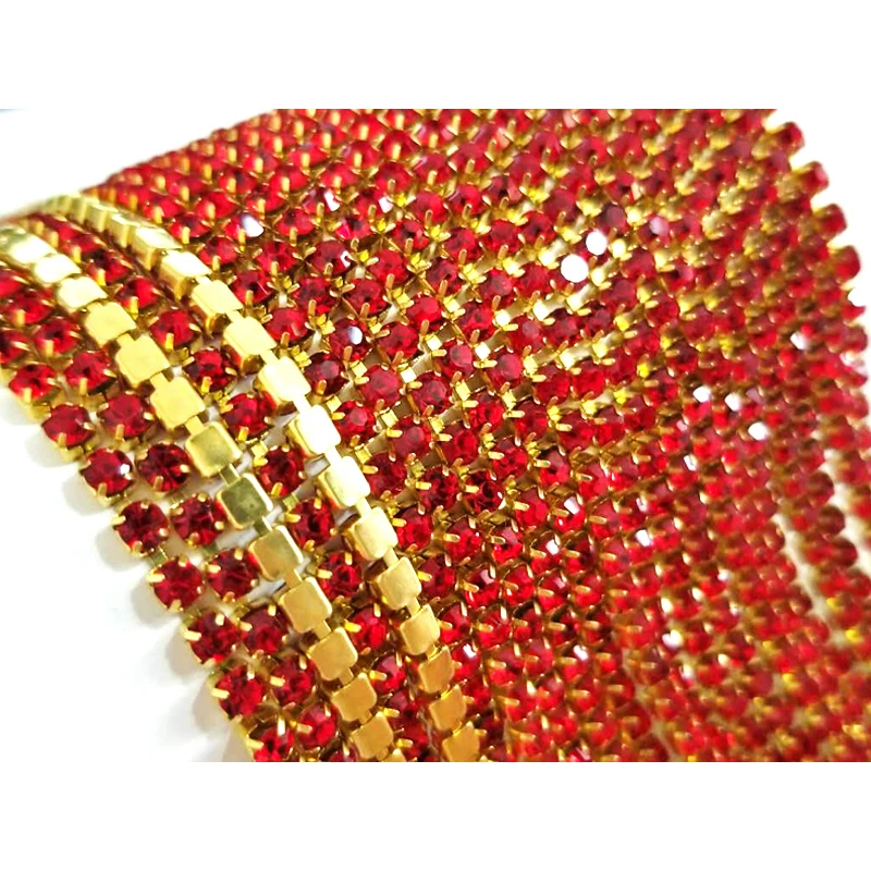 SS6 2mm 5yards/lot Colorful Glass Crystal Rhinestone Chain, Gold Bottom Sew on Cup Chains For Diy Garment Bags Decorations ZLG06