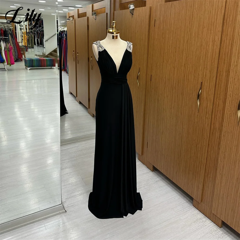 Lily Simple Black Prom Dress With Pleats Deep V-Neck Evening Dress Crystal Tank Beach Satin Party Dress Open Back فساتين السهرة